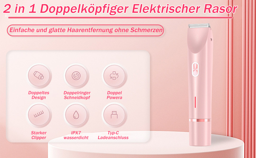 Електричний жіночий епілятор 2-в-1 Silky Glow: для тіла, обличчя, бікіні. Вологостійкий, рожевий