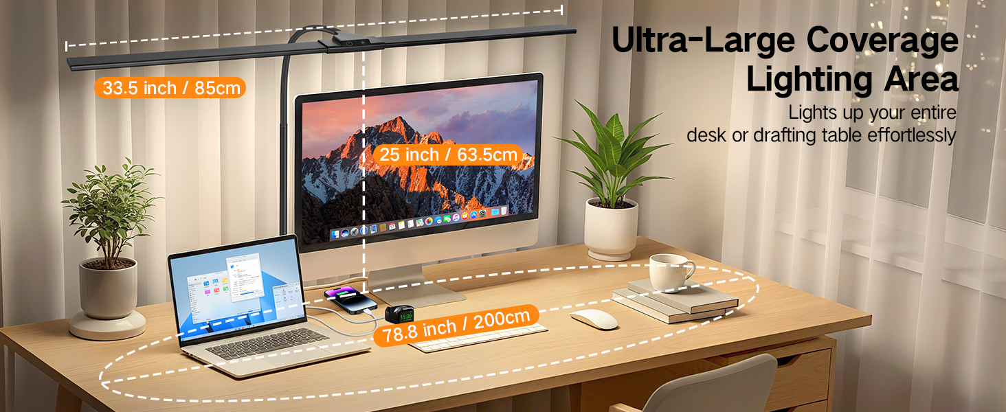 OUTON LED лампа настільна з двома головками, 85.5 см, USB-A & C, регульована яскравість 1600LM, 5 температур кольору, таймер, кріплення, для офісу та дому, чорний