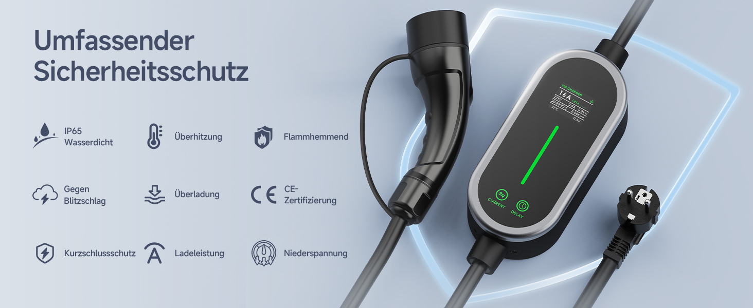 Кабель для зарядки електромобіля Type 2, 3.6 кВт, 8 м, 6-16A, 1 фаза, з цифровим дисплеєм, IP65, для EV/PHEV