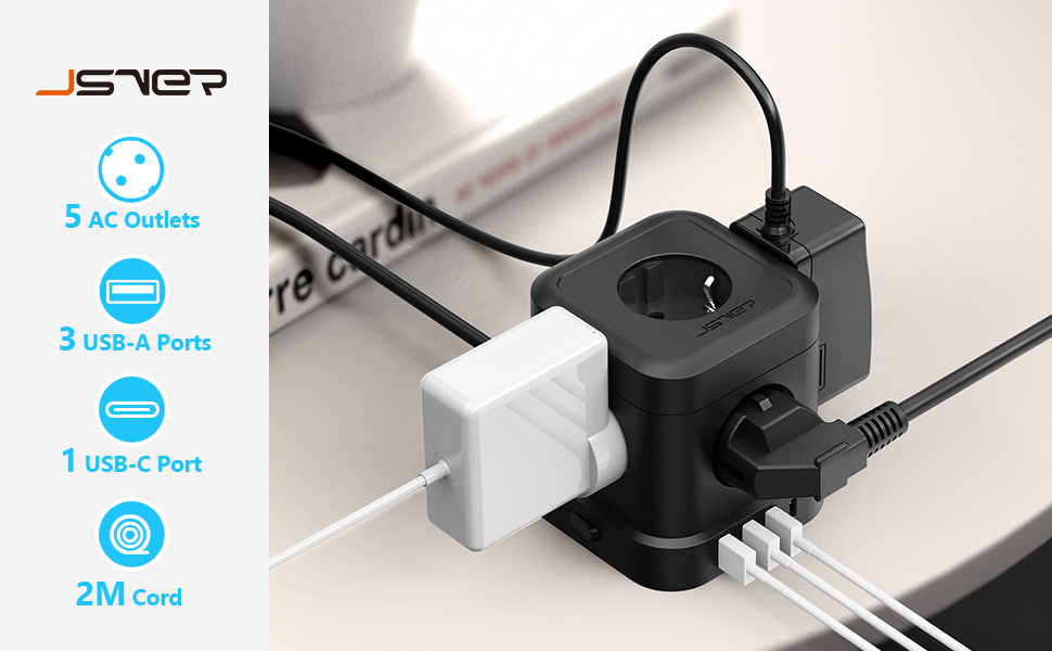 Сетевой фильтр JSVER Cube 5-fach с USB, 2м кабель, белый/черный. 3680W, 16A, 4 USB зарядки (17W) для офиса, дома, в дорогу.