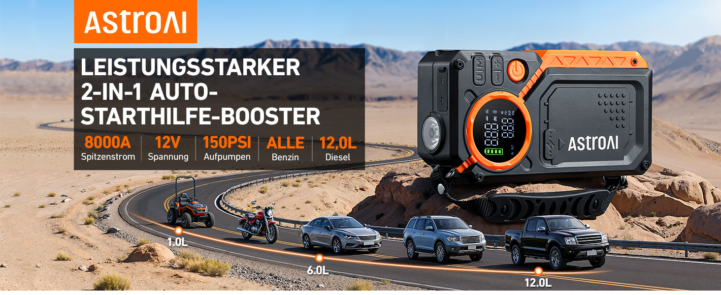 Powerbank для авто AstroAI з пусковим струмом 8000А та компресором 150PSI оранжевого кольору