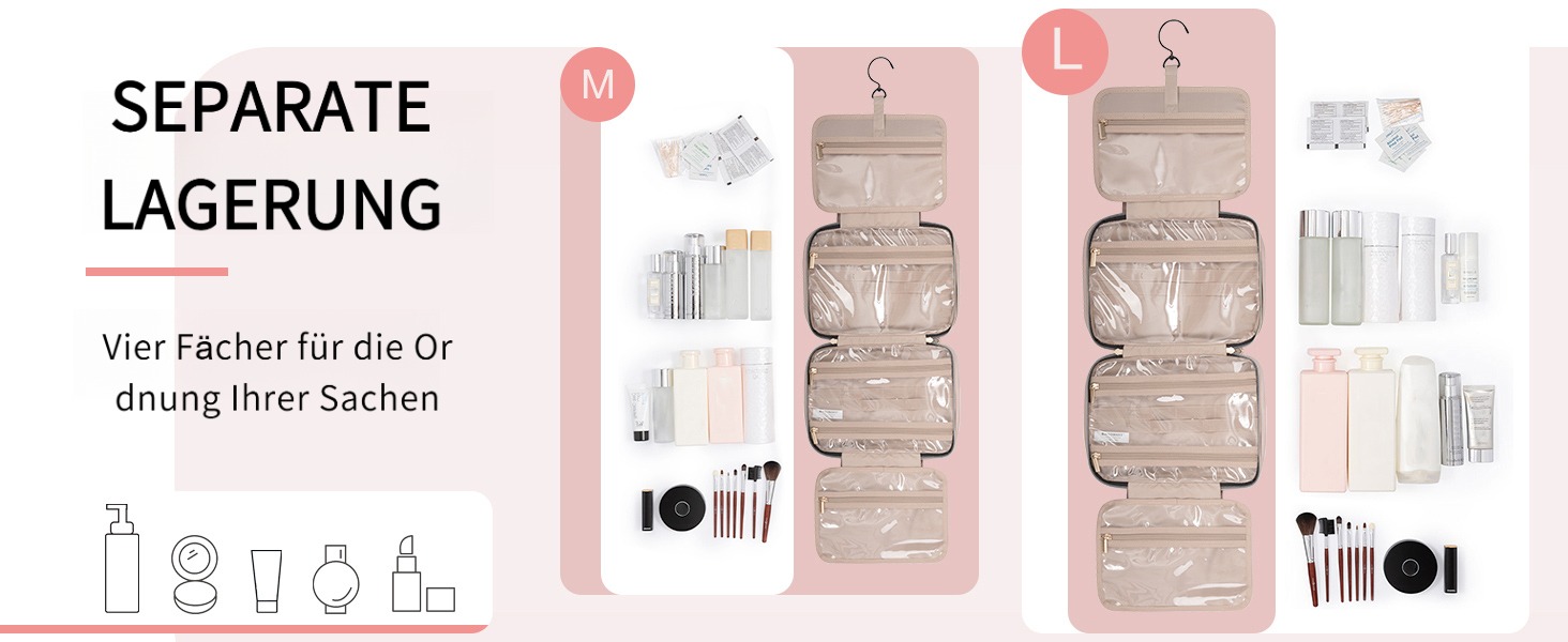 Сумка для косметики BAGSMART, дорожня косметичка для жінок, прозора, на блискавці, рожевого кольору, M