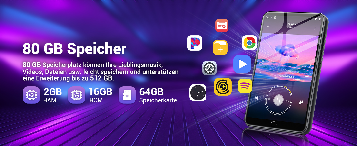 MP3 плеєр 80GB Bluetooth WiFi з Spotify, Hi-Fi Lossless, FM-радіо, E-Book (чорний)