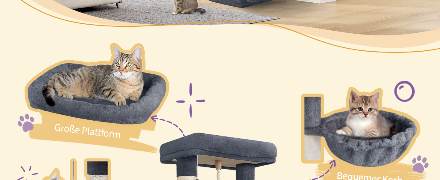 Дерево для котів Hzuaneri, 149 см, з 5 стовпчиками для шліфування, великими платформами, гніздом-хованкою, багатоярусне, з помпонами, MS14918LG (темно-сірий)