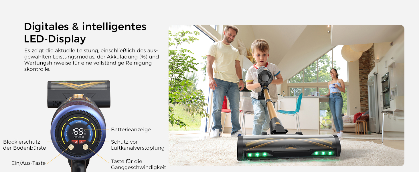 Бездротовий пилосос Proscenic P15: 55KPa, 580W, 70 хв, LED дисплей, антизаплутана щітка, фільтр GreenEye, для твердих поверхонь, килимів, шерсті тварин, авто