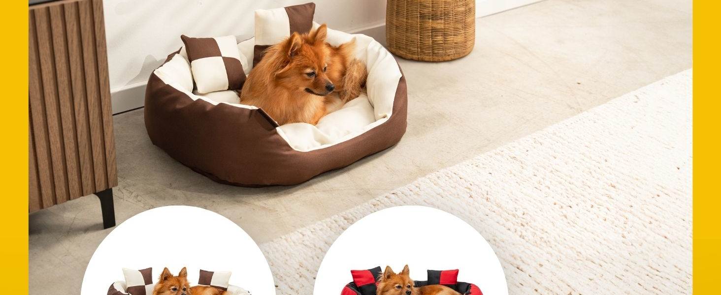 Кіжувалля для собак Lionto 4-в-1 з двостороннім подушкою з міцного оксфорду, 65x50 см, для котів та собак усіх розмірів, з глибоким входом, включає декоративну подушку, водовідштовхувальне, коричнево-бежеве