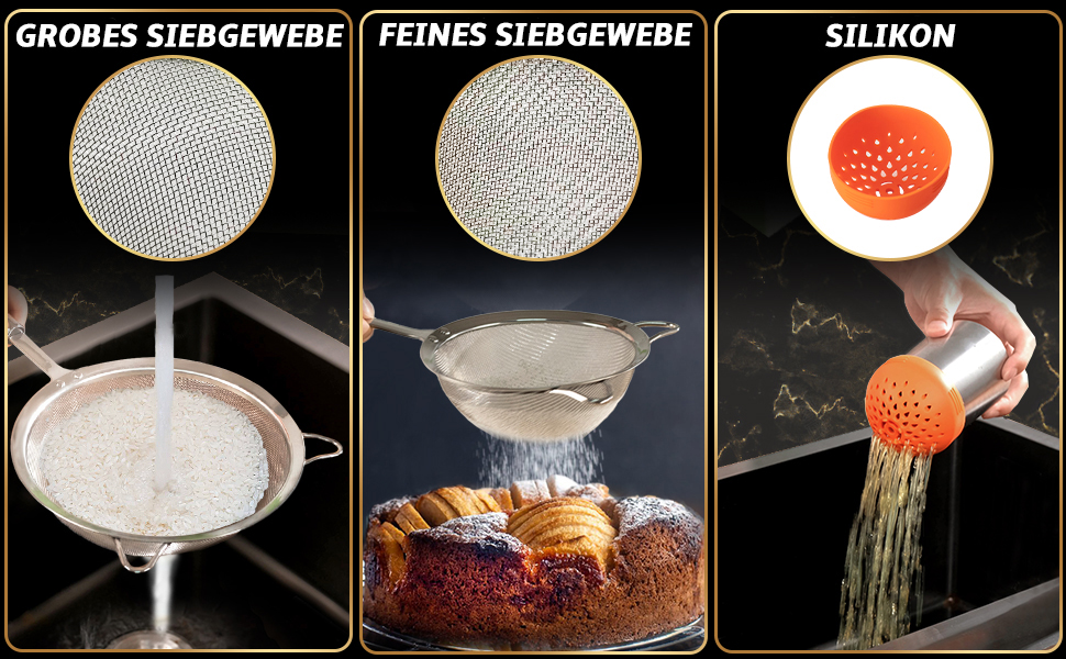 Набір сит Gourmet Easy з нержавіючої сталі: велике сито для локшини, дрібне сито, сито для консервів з силікону, сито для рису та борошна для випічки. Сита для кухні зі стійкою ручкою, нержавіюча сталь