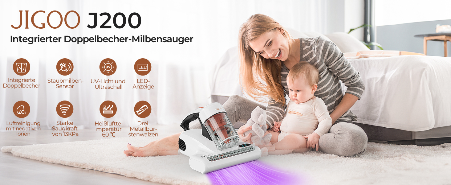 Пилосос для матраців JIGOO J200 з УФ-лампою, датчиком пилових кліщів та LED-дисплеєм, 500 Вт. Для алергіків, видаляє 99.9% алергенів з ліжок, диванів та шерсті тварин