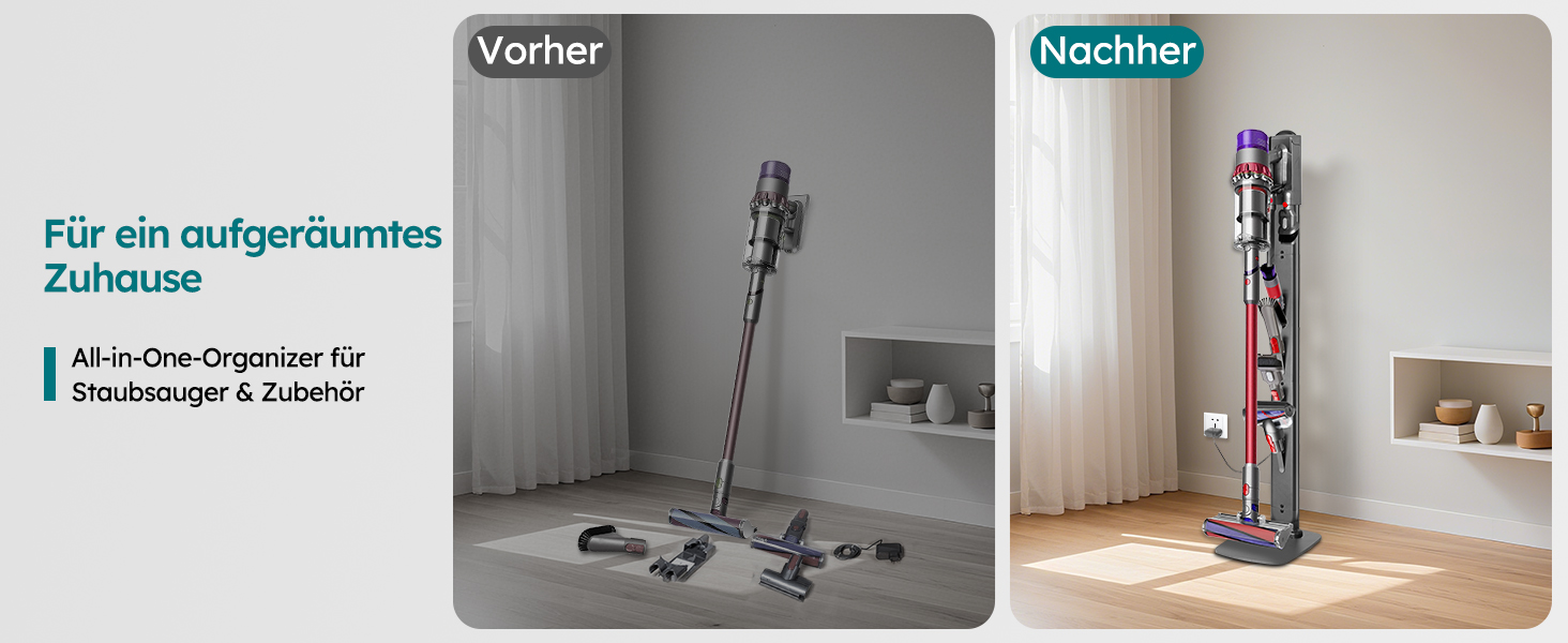 Стійка для пилососів Dyson G5, V15, V12, V11, V10, V8, V7, V6, металева, з 4 гачками та 4 полицями, без свердління, стабільна, підлогова, приховане кріплення кабелю (Темно-сірий)