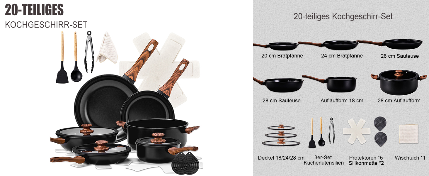 Набір посуду LEADZM Keramik 20 предметів для індукційних плит: каструлі, сковороди з кришками (Чорний+Натуральний)