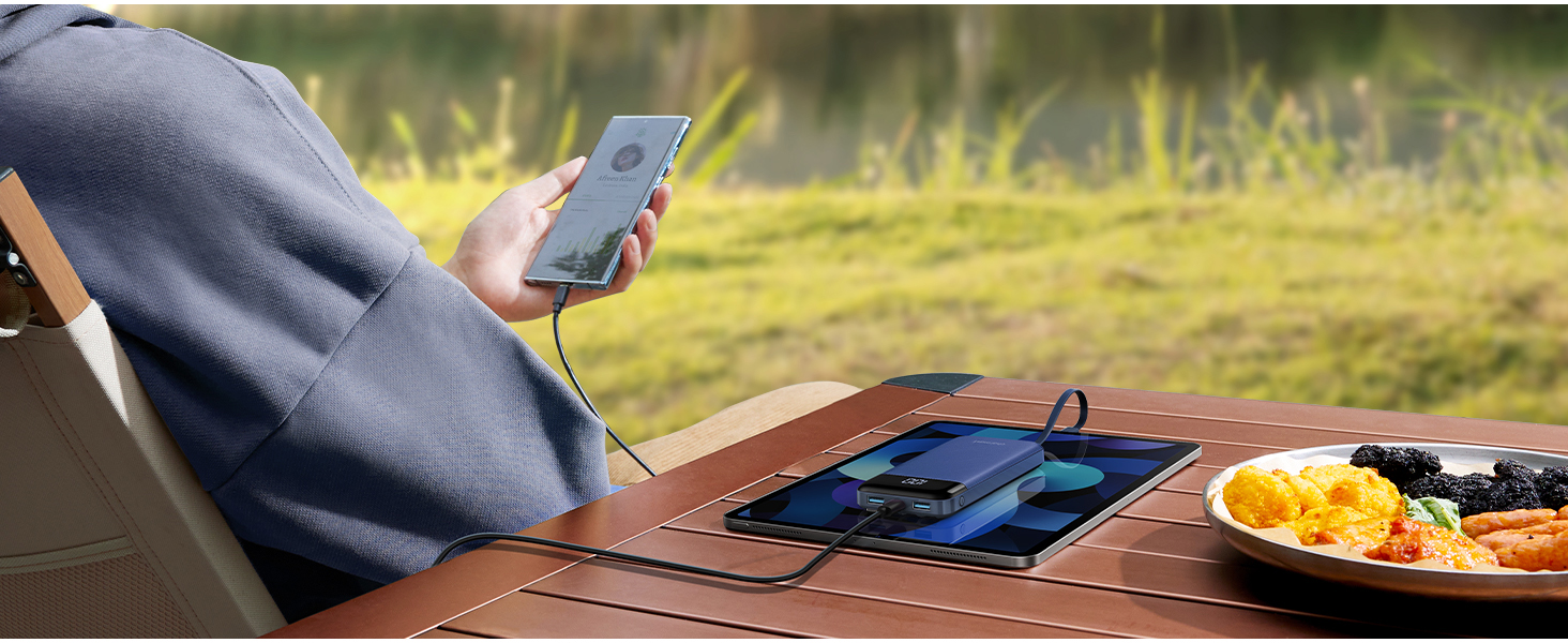 Power Bank Charmast 10000mAh з 6 виходами, USB-C, LED-дисплеєм, 4 кабелями, блакитний