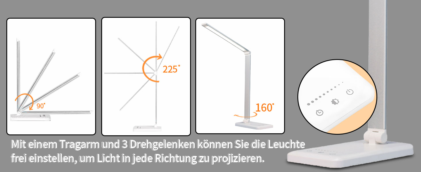 LED лампа для столу LQWELL® з регулюванням яскравості, метал, 5 кольорів, 10 рівнів, USB-зарядка, сенсорне керування, пам'ять, для дітей, офісу, білого кольору (QM019)