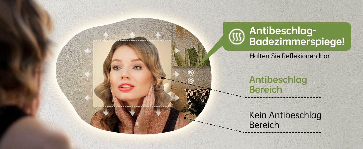 Дзеркало для ванної кімнати з підсвічуванням, арочне, без рами, 50x75 см. Антизапарник, сенсорне управління, регулювання яскравості, 3 кольори світла