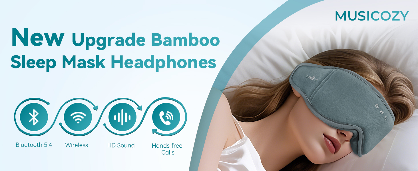Маска для сну MUSICOZY з навушниками | 3D маска для сну з Bluetooth 5.4, 100% затемнення, з біо-бамбукової бавовни, для подорожей, сіра