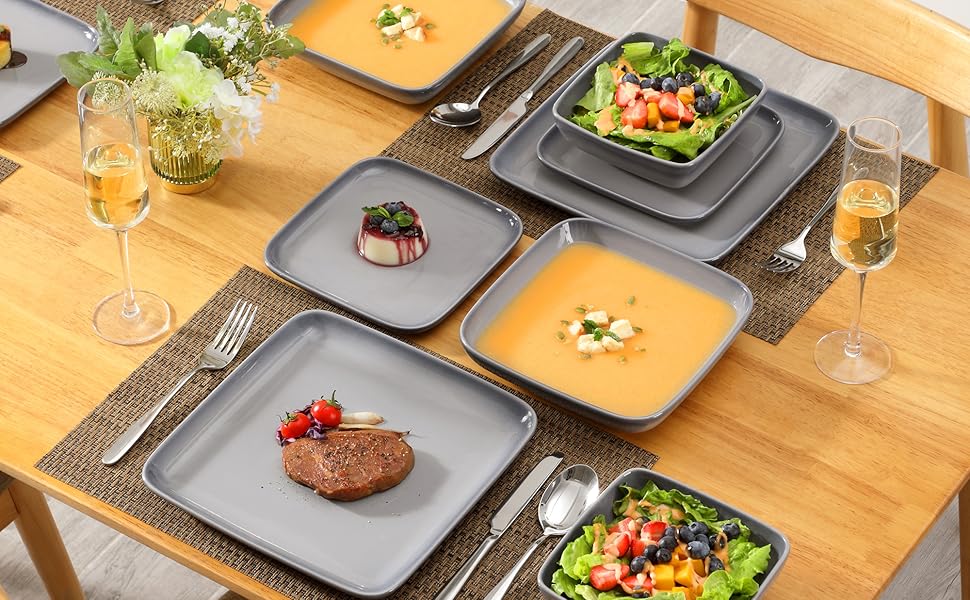 LOVECASA Сервіз набір Vibri, 16 частин, квадратний з каменю, сервіз для 4 осіб | Тарілки, чашки, десертні тарілки та миски, сірий, 16-частинний сервіз