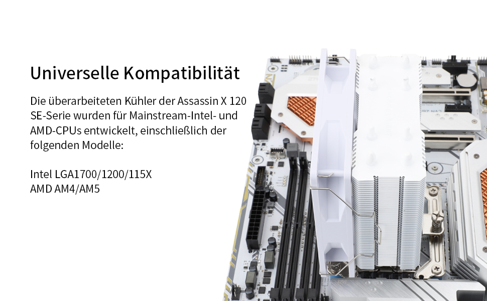 AssassinX120 SE White ARGB CPU-кулер: 4 heatpipes, тиха система охолодження, сумісний з AMD AM4/AM5 та Intel 1700/1150/1151/1200