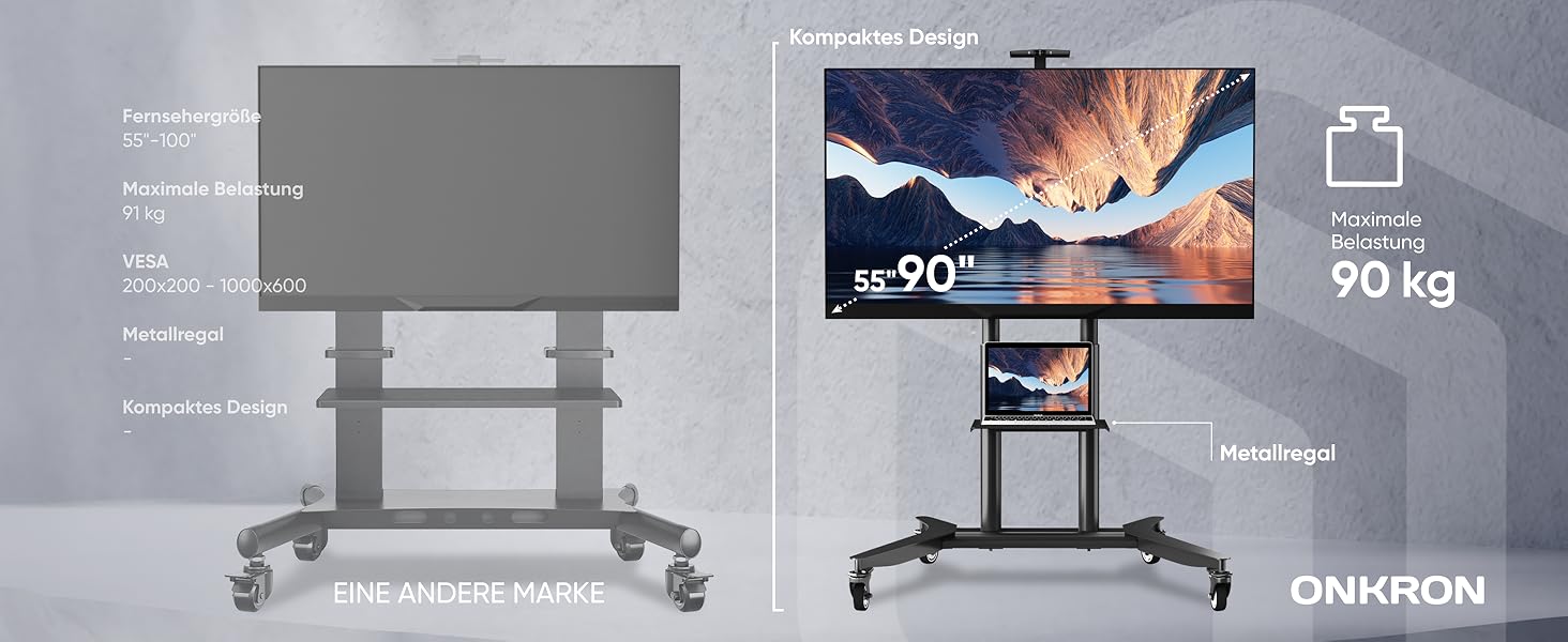 ONKRON Mobile TV Stand - Adjustable Height, VESA 600x400 - Fits 32-75 inch Flat & Curved TVs up to 60kg