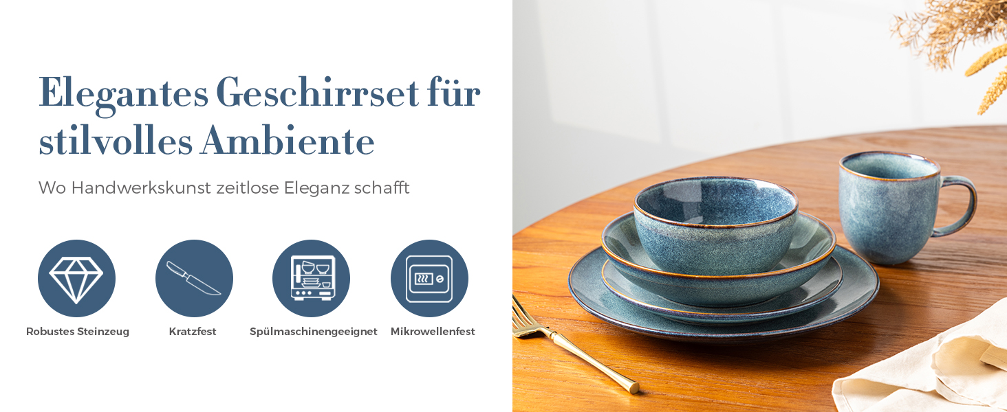 GBHOME Набір посуду з кераміки, 24 частини (12-ти та 24-ти місний), ручної роботи, реактивна глазур, тарілки та миски, стійкий до сколів та тріщин, придатний для миття в посудомийній машині та використання в мікрохвильовці, білий колір (Ceylon Blau)