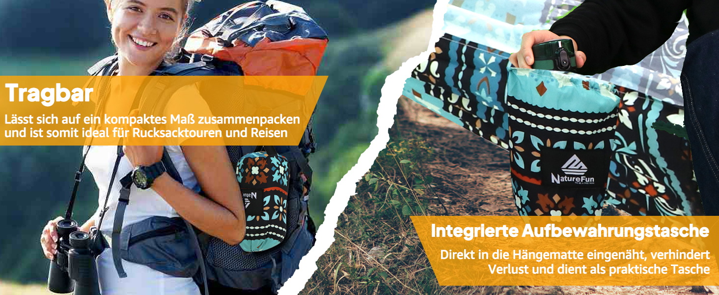 Гамак для кемпінгу NATUREFUN | Легкий, 300 кг, дихаючий, швидковисихаючий, нейлон, 2 карабіни, 2 петлі, армійний зелений (275 x 140 см, Богема)