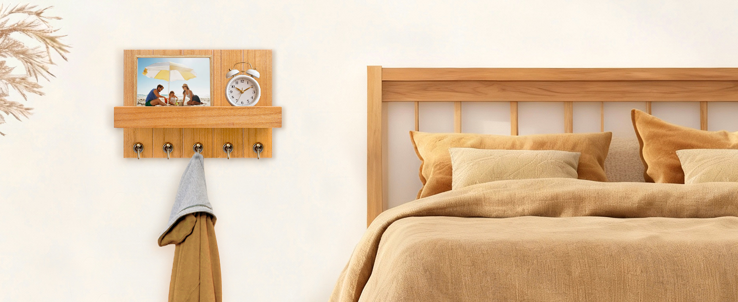 Дерев'яне ключниця з полицею, 5 гачків, для прихожей, вітальні, спальні - жовтий колір