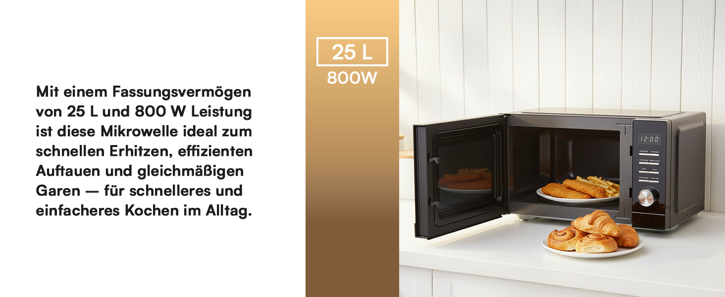 Мікрохвильова піч HMW-MD25DMRBK Mirror Black, 25 л, 800 Вт, 5 рівнів потужності, таймер, функція розморожування, чорний колір, поворотний піднос 28,5 см, 3 роки гарантії