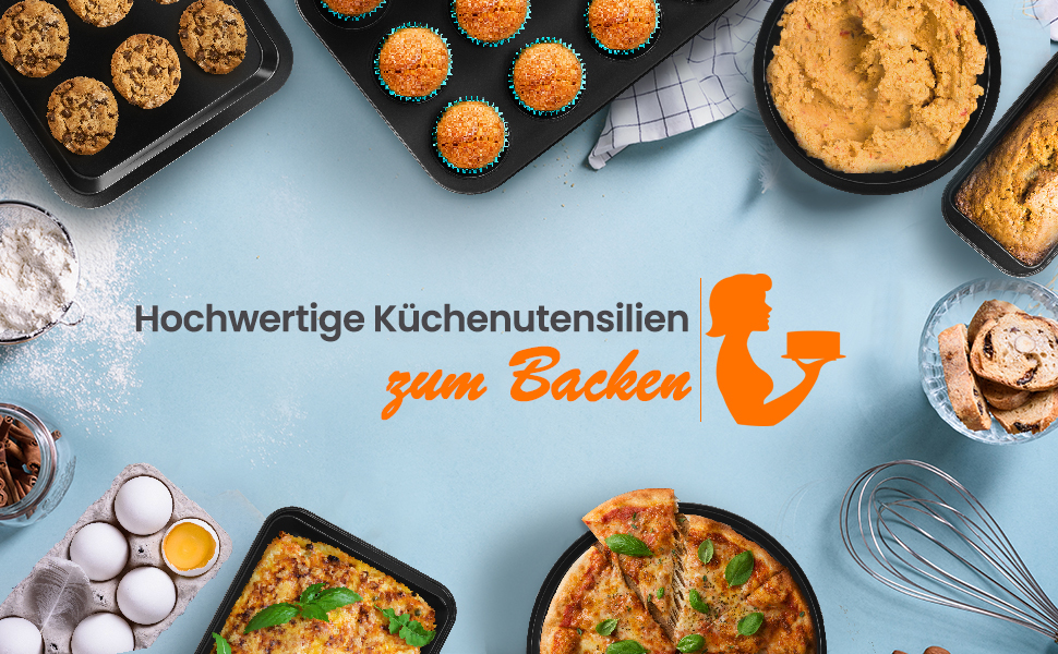 Набір для випічки Nutrichef 10 предметів з антипригарним покриттям. Включає: форма для кексів, форма для тортів, дека для піци, форми для мафінів, хліба та інше. Можна мити в посудомийній машині, складається. Чорний колір.