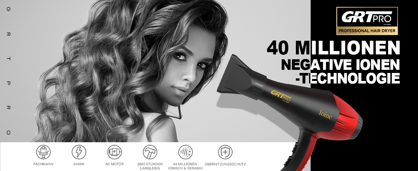 Професійний фен з іонізацією 2400W з AC-двигуном, з насадкою-дифузором, 40 млн негативних іонів, 3 режими температури, 2 швидкості, для салону краси та дому, чорний