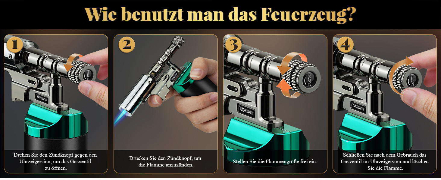 Газовий пальник для кухні Küchenbrenner: потужний Jet-полум'я, заправний бутаном, для крем-брюле, паяння (без бутану), чорний Wb009