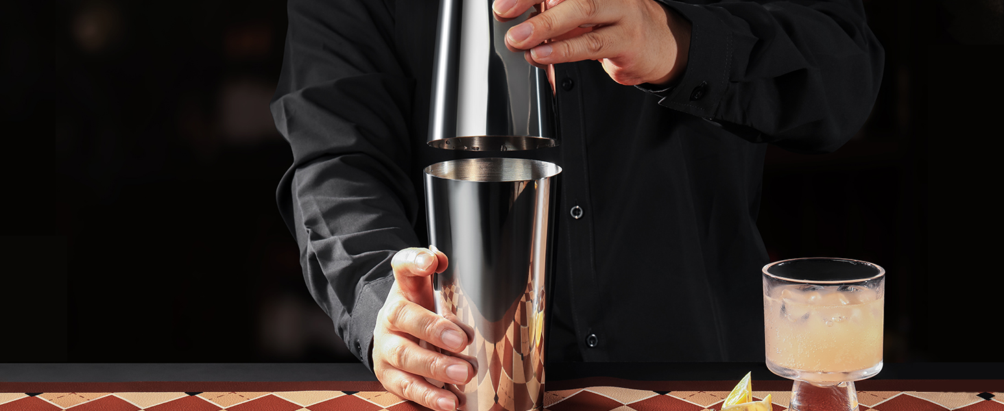 Набір для коктейлів WOTOR Boston: шейкер 18oz та 28oz, сито, подвійний джигер, професійний барний інвентар (срібло)