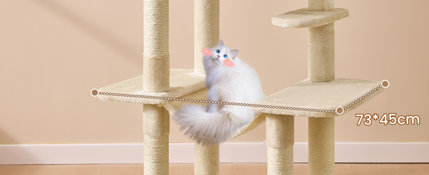 Кігтеточка для котів MSmask велика, багатоповерхова, з платформами, гамаком та сизалевими стовпчиками (бежева)