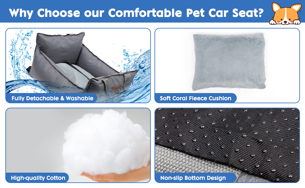 Автокрісло для собак 2-в-1 з ременем безпеки: автокрісло та ліжко для собак, знімний килимок та чохол, миється, для собак маленьких та середніх порід, сірий & блакитний