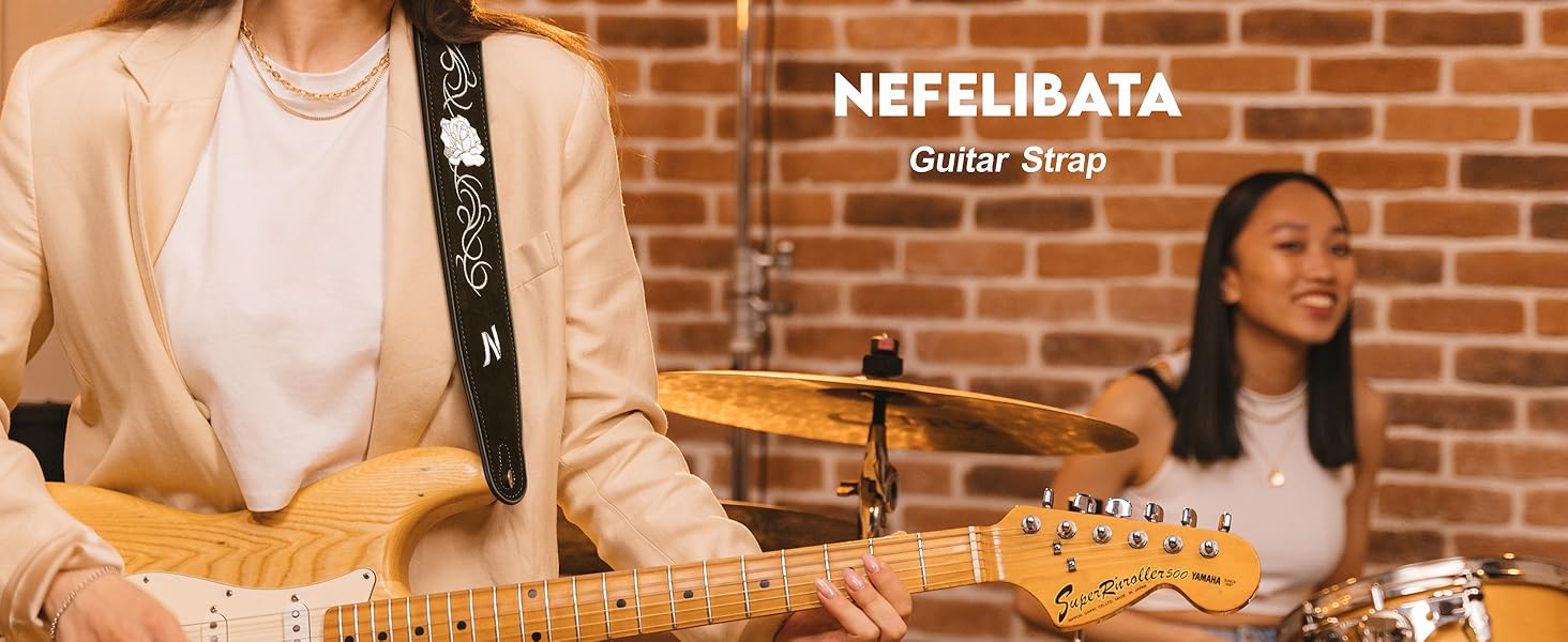 Гітарний ремінь Nefelibata з вишивкою троянд, 2.7', подвійний, з баварської шкіри, з пінополіуретановим наповнювачем, для акустичної, бас та електрогітари