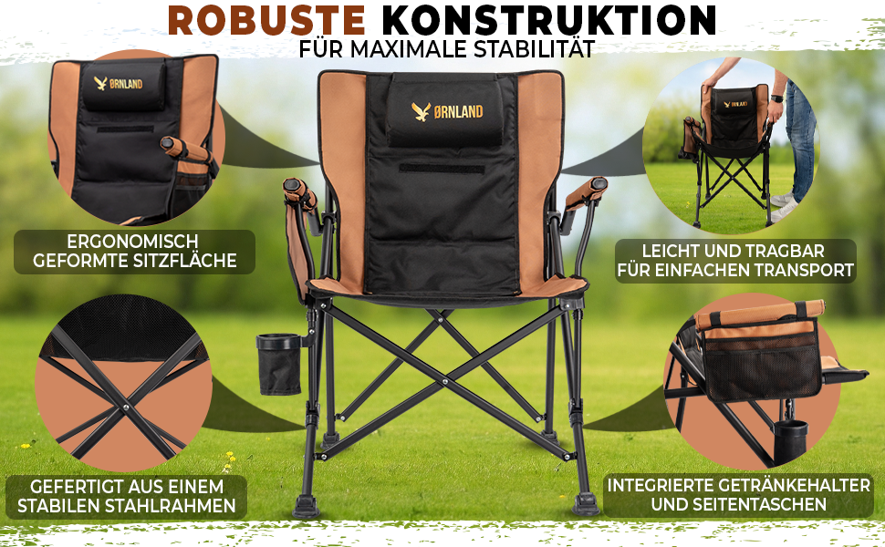 Крісло кемпінгове складне чорно-коричневе, до 150 кг, дихаючий сітчастий матеріал, з бічною кишенею, подушкою та підсклянником - для риболовлі, пляжу, кемпінгу