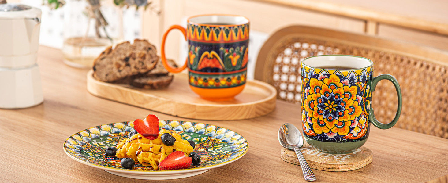 Набір чашок з порцеляни, керамічні чашки капучино/маг - посуд для 6 осіб, набір чашок для кави - богемний стиль (400мл)