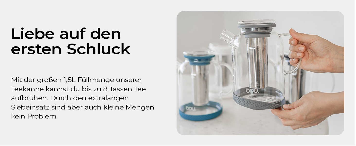 Скляний чайник Doli 1,5 л з сіткою з нержавіючої сталі, чорний — для гарячих та холодних напоїв, підходить для посудомийки, BPA-free