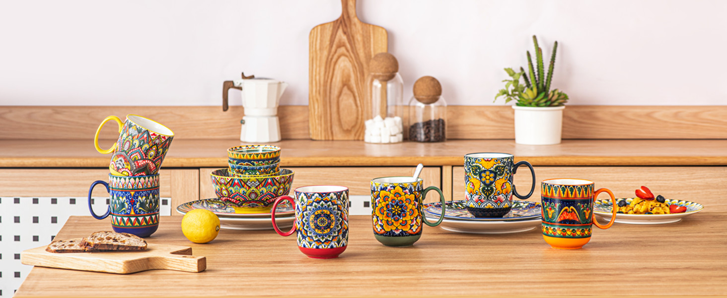 Набір чашок з порцеляни, керамічні чашки капучино/маг - посуд для 6 осіб, набір чашок для кави - богемний стиль (400мл)