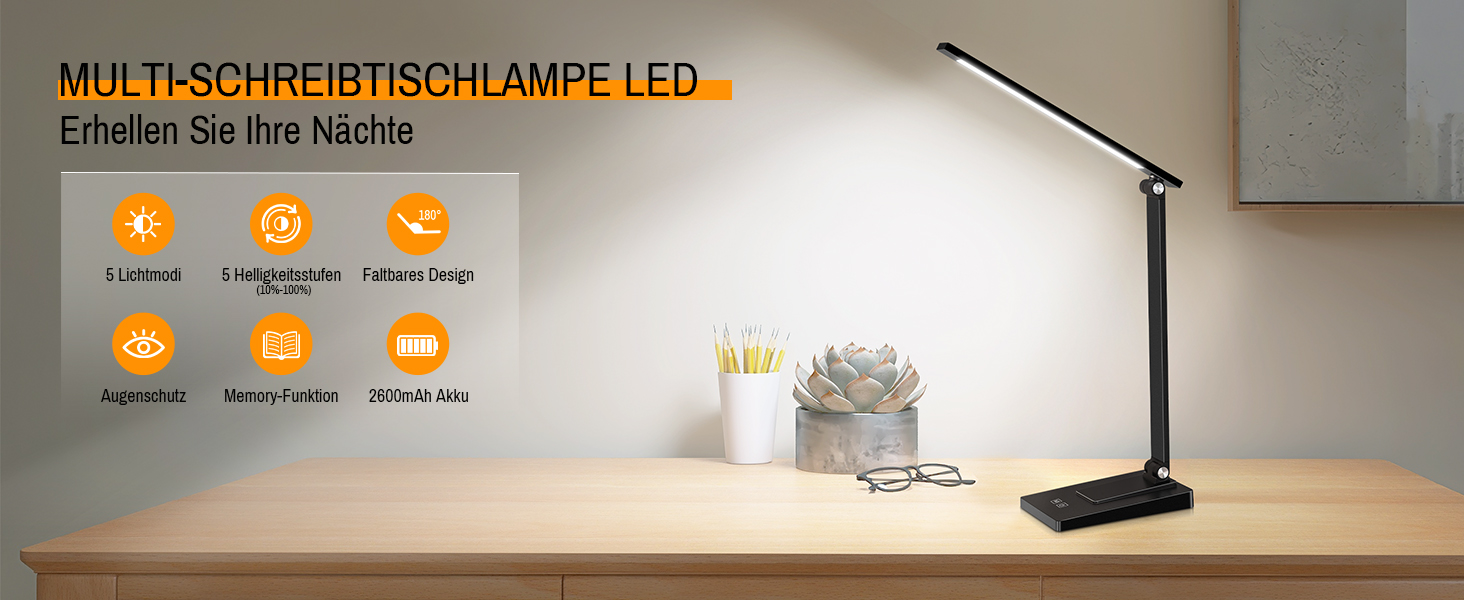 LED лампа настільна Eraylife: бездротова, 800LM, 2600mAh, 5 кольорів, 5 рівнів яскравості, диммування, для дітей, офісу, з USB, чорна