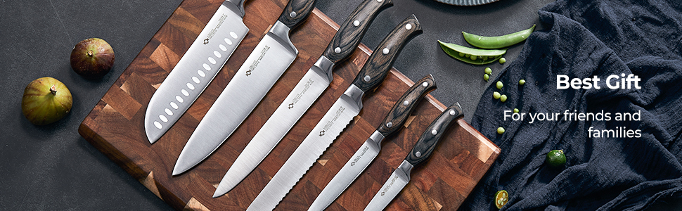 AMEGAT Self-Sharpening Knife Block Set with Carving Fork - Premium Stainless Steel Knife Set with Wooden Block - Vollerl & 3-Rivets Design