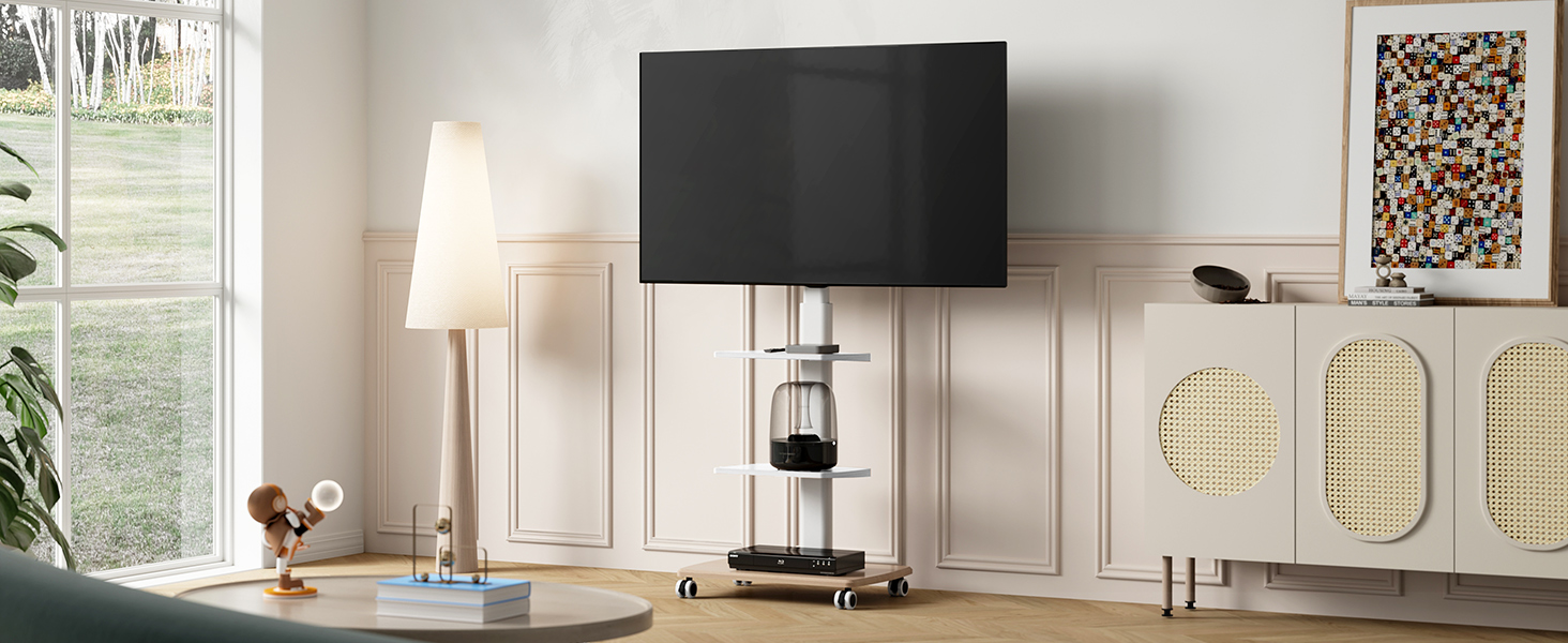 FITUEYES Rolling TV Stand with 3 Shelves - Mobile TV Stand for 32-70 Inch TVs up to 40kg, VESA 400x600, Adjustable & Swivel, White