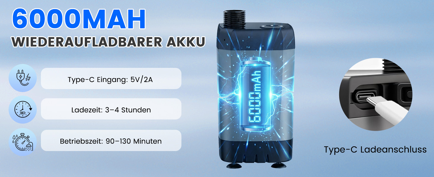 Портативний душ для кемпінгу Tonfarb з акумулятором 6000mAh, насосом та шлангом 2м - для саду, автокемпінгу, подорожей, миття собак