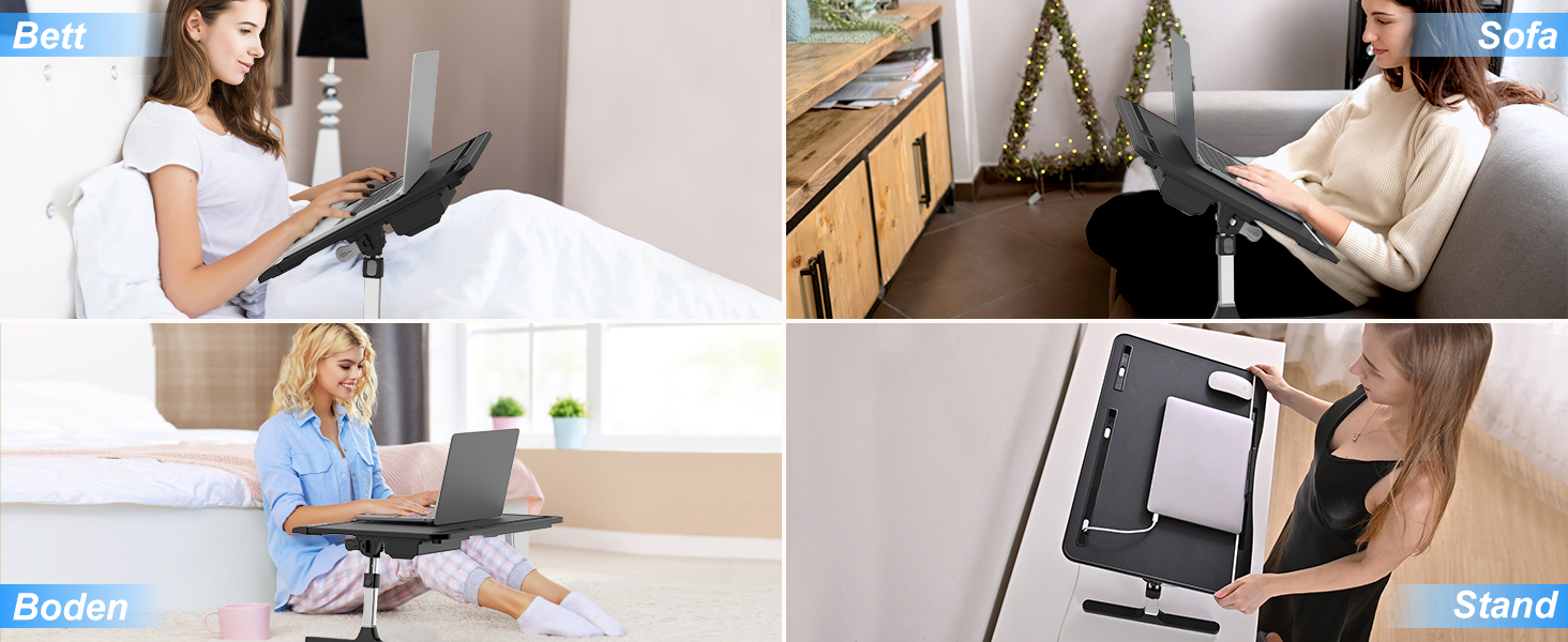 Стіл для ноутбука Potuopy з регульованою висотою та кутом нахилу, складний, великий розмір (60*40 см), чорний, з еко-деревом для роботи, читання та їжі на ліжку/дивані