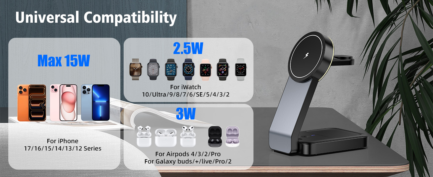 Бездротовий зарядний пристрій MagSafe 3-в-1 15W для iPhone 16/15/14 Pro Max, Apple Watch (iWatch 10/SE/9) та AirPods Pro - Чорний