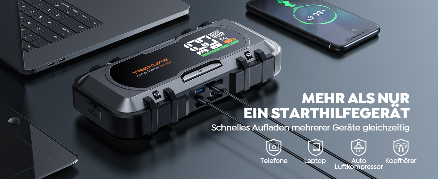 Повербанк для автомобіля TREKURE 27000mAh, 6000A, 12V, з LED-ліхтарем 600 люмен, швидка зарядка 65W