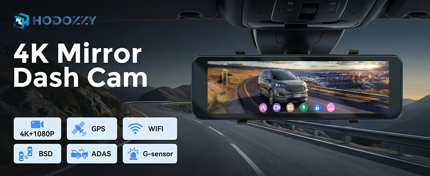 Дзеркало заднього виду з відеореєстратором Hodozzy 4K+1080P, GPS, ADAS, BSD, Wi-Fi, 10.88