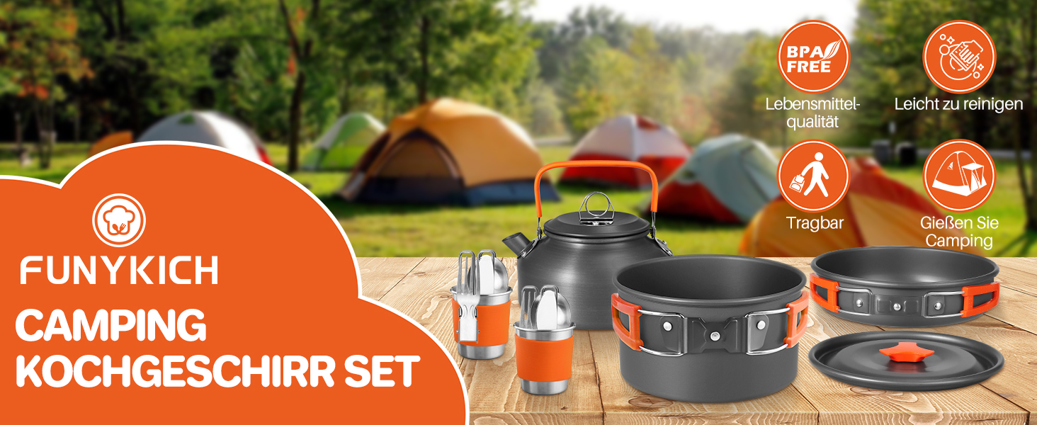 Набір посуду для кемпінгу Funykich 17 предметів: каструлі, сковорідки, чашки, столові прибори. Підходить для 2 осіб, пікніків, походів.