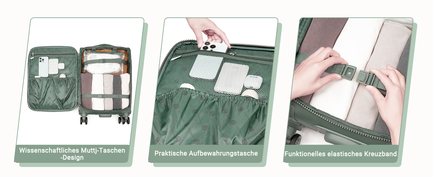 Чемодан Miss Lulu Handgepäck, 59.5 x 36.5 x 25 см, зелений, 32 л, з відділенням для мокрого одягу, на 4 колесах, для подорожей та бізнесу