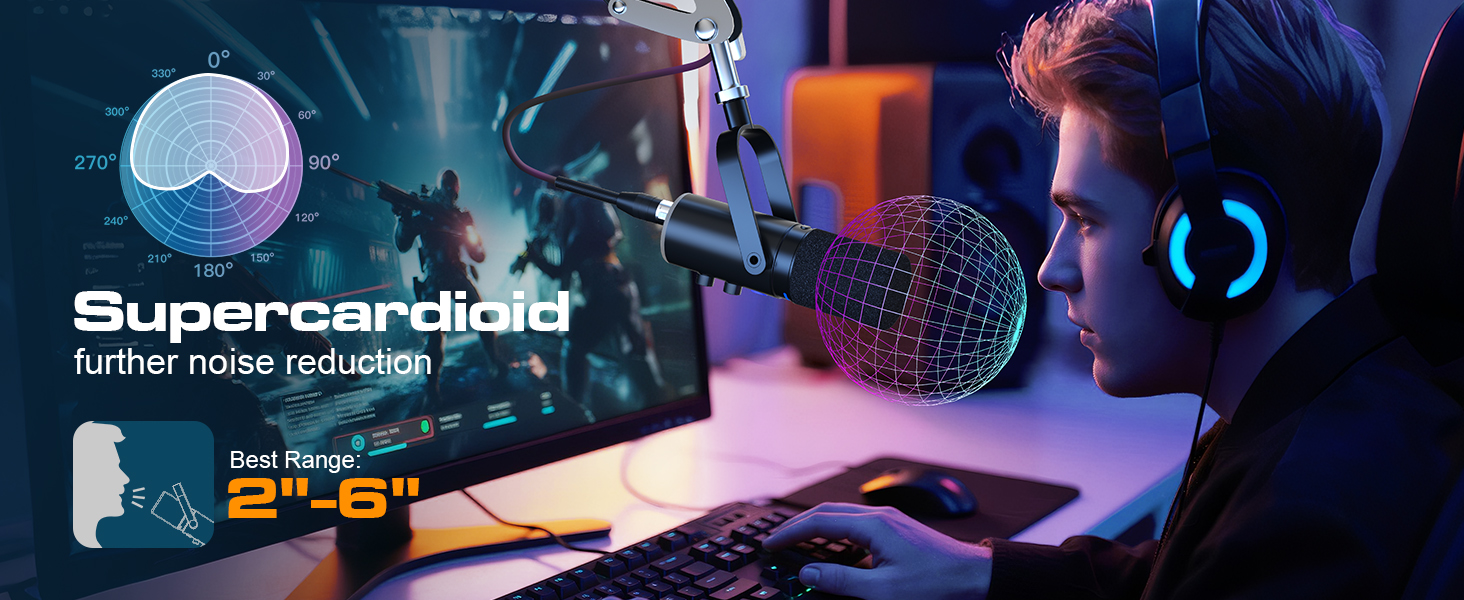 Мікрофон Ortizan XLR/USB для геймінгу та подкастингу з регулятором гучності, кріпленням, ефектами та шумозаглушенням - Чорний