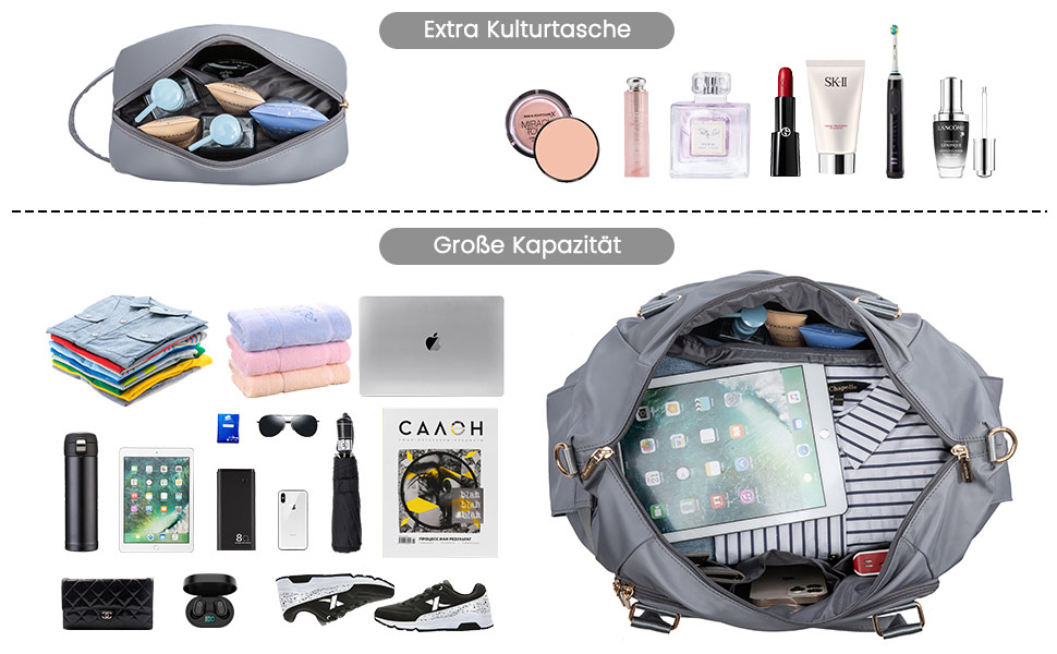 Спортивна сумка LOVEVOOK для подорожей, жіноча дорожня сумка-мішок, Weekender з косметичкою, відділенням для взуття та мокрих речей, водонепроникна, 37L, сіра