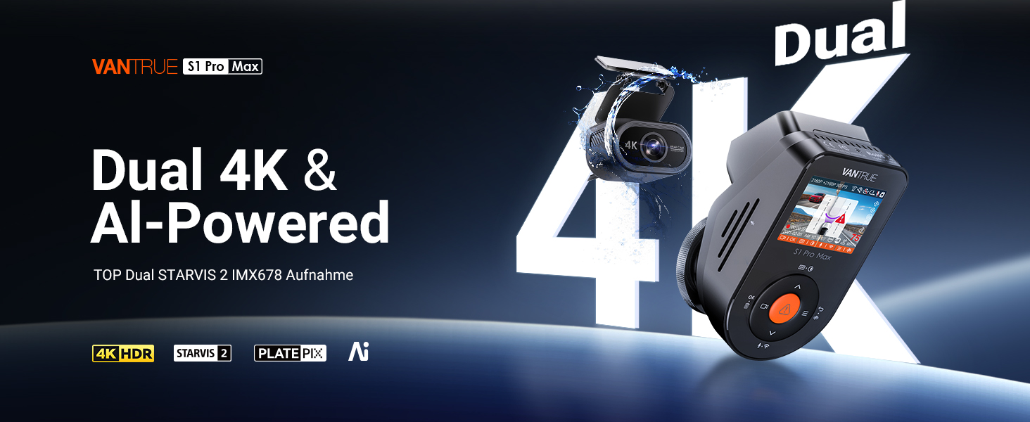 Автомобільний відеореєстратор VANTRUE S1 PRO MAX 4K + 4K з двома камерами (передня та задня), Sony STARVIS 2, нічна зйомка HDR, 24Гдн режим паркування, 5.8ГГц Wi-Fi, GPS, ADAS, підтримка LTE та карт пам'яті до 1ТБ