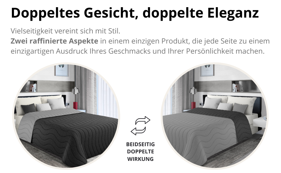 Тagesdecke 240x260 см Чорний/Сірий: двостороння постільна ковдра для дволіжка, стегане покривало з мікрофібри, Made in Italy